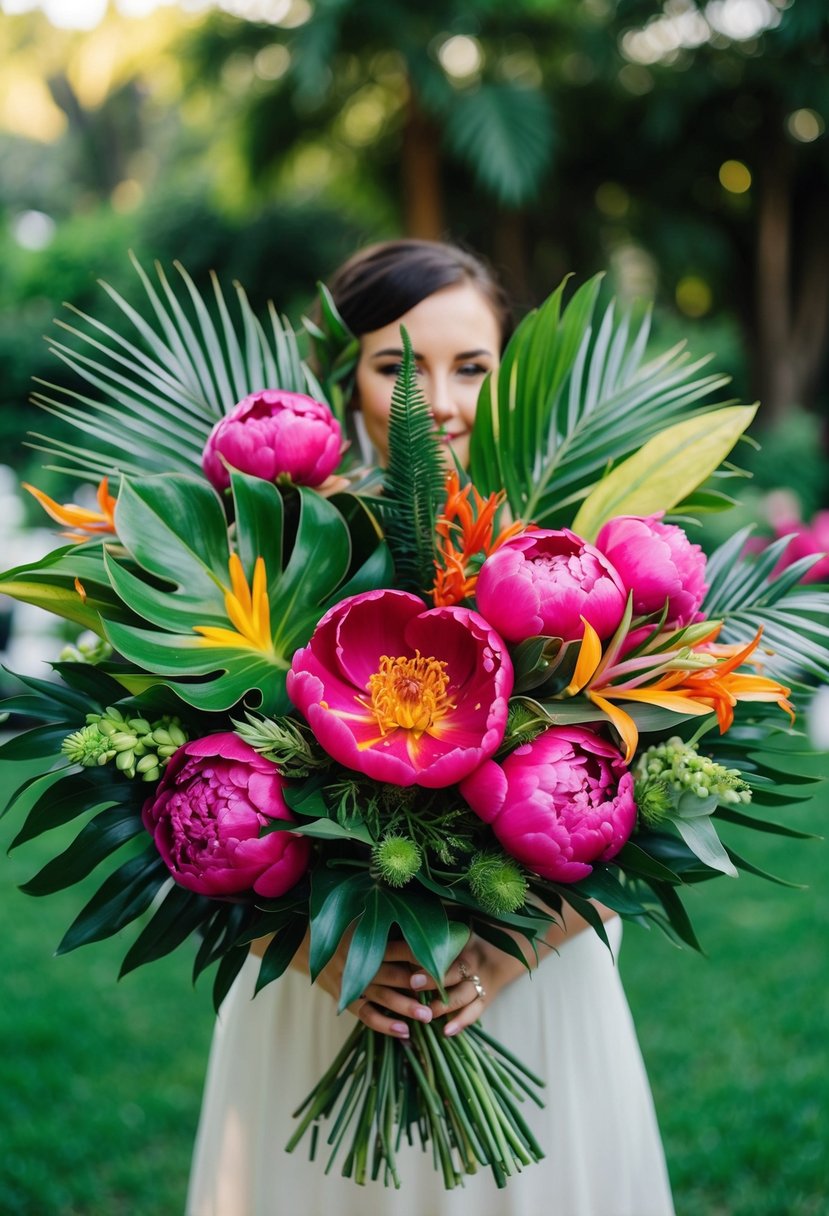 A lush arrangement of vibrant peonies, exotic tropical flowers, and lush greenery in a wedding bouquet