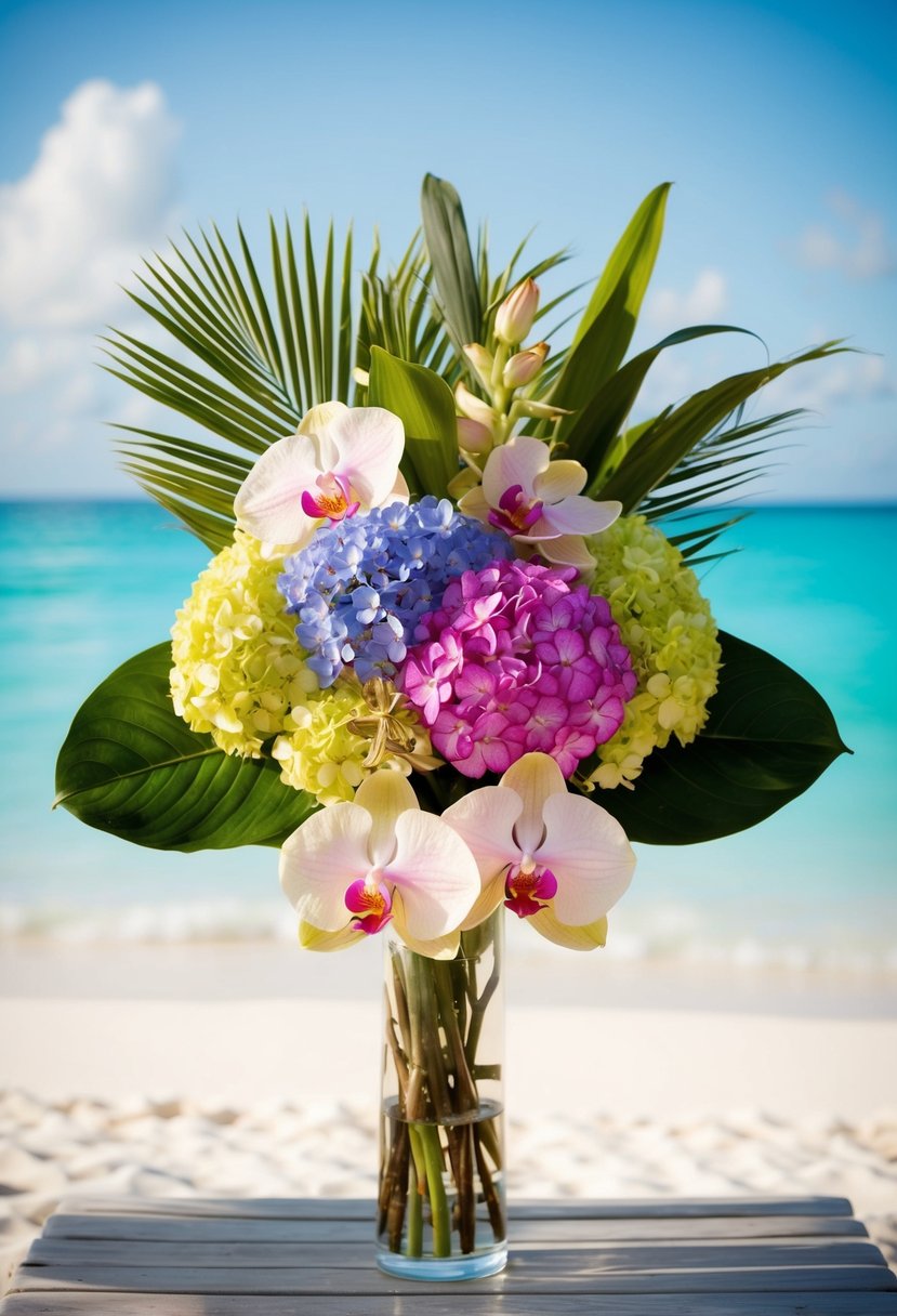 A lush arrangement of vibrant hydrangeas, orchids, and palm leaves, set against a backdrop of sandy beaches and crystal-clear turquoise waters