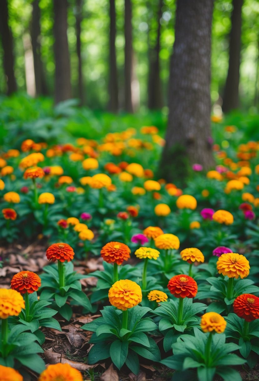 A vibrant forest floor with lush greenery and colorful zinnias scattered throughout