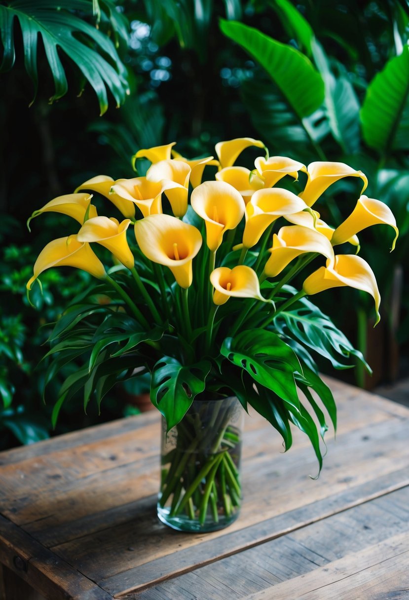 A vibrant bouquet of calla lilies, surrounded by lush tropical foliage, sits atop a rustic wooden table