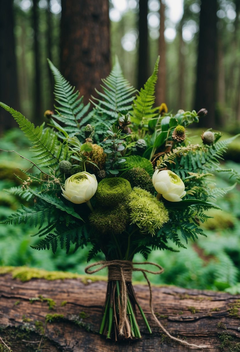 A lush, wild forest bouquet with ferns, moss, and earthy blooms, tied with rustic twine