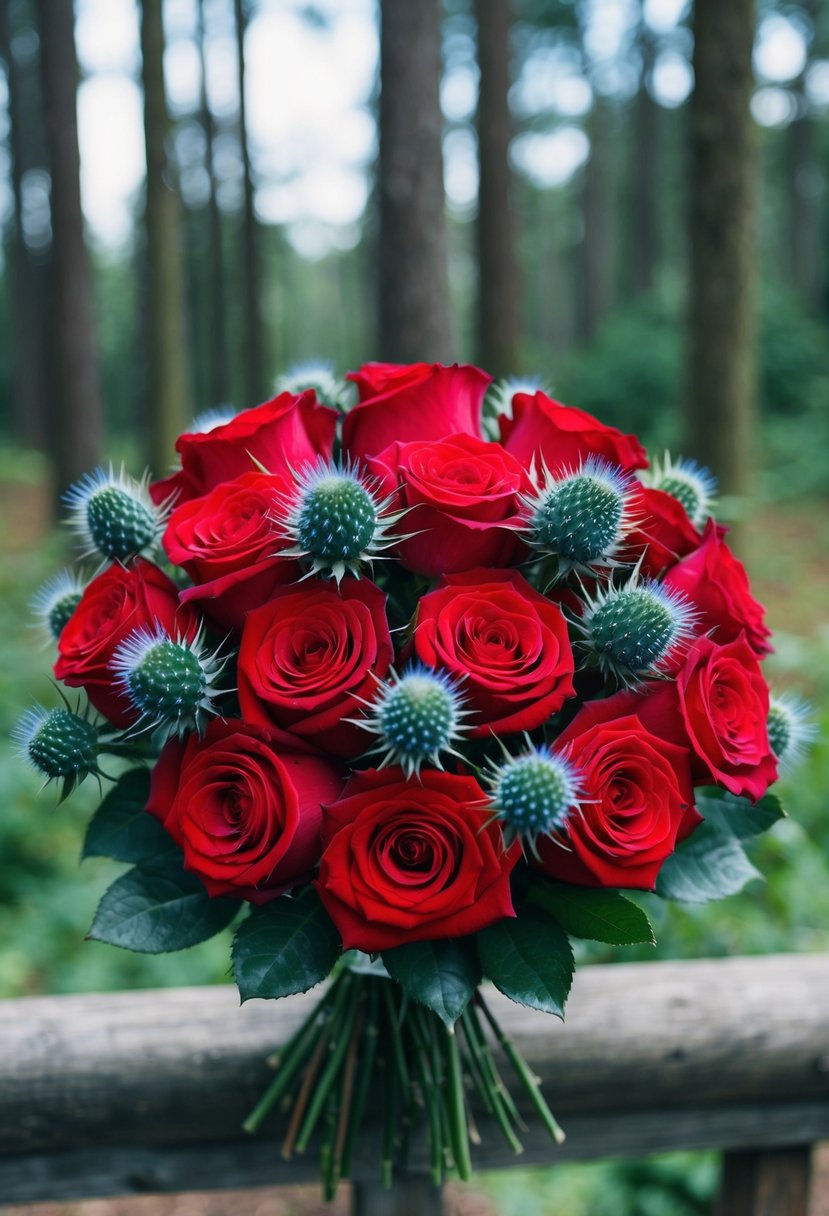 A lush bouquet of red roses with delicate blue thistle accents, set against a backdrop of a serene forest