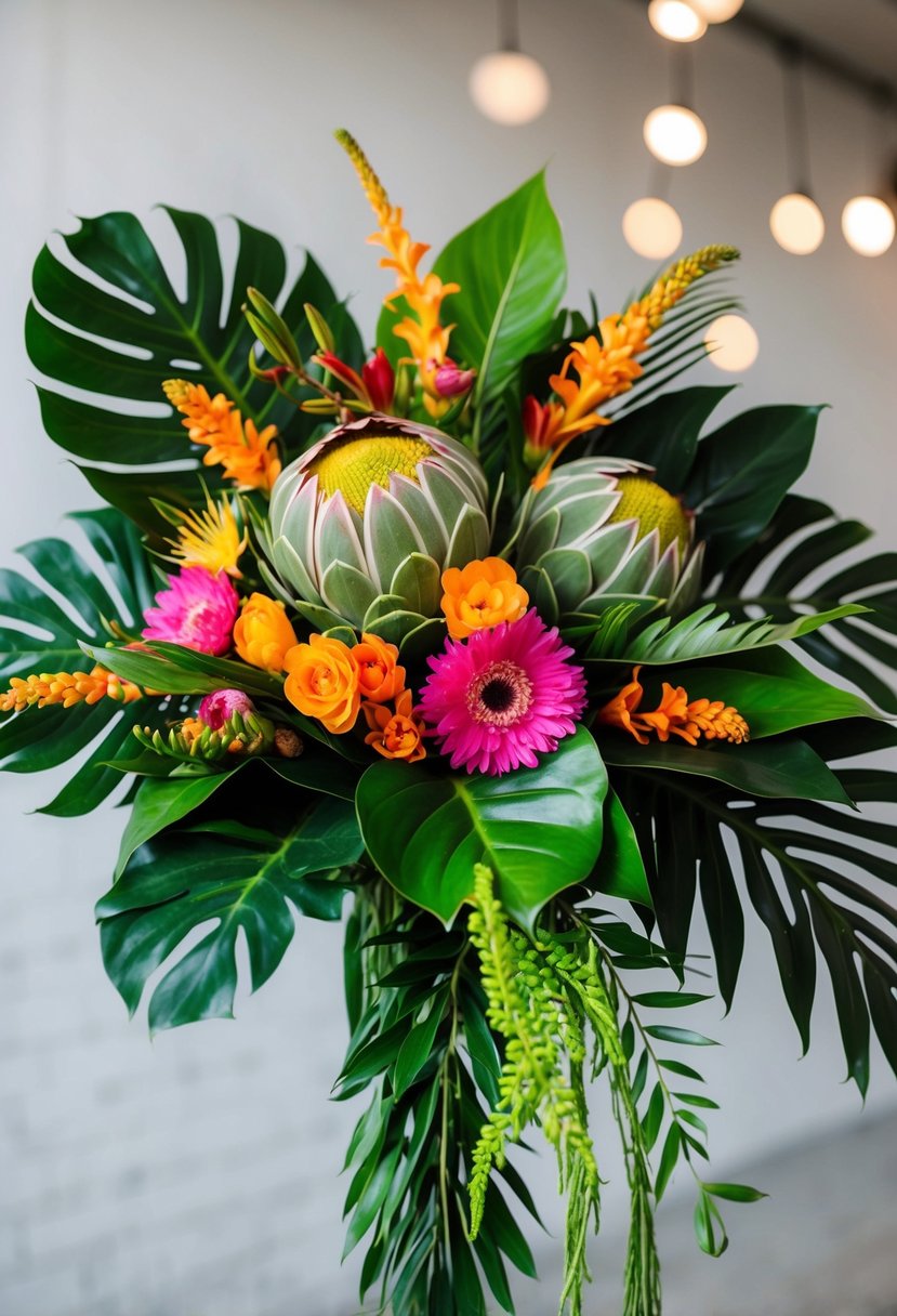 A vibrant bouquet of Pin Cushion Protea, tropical leaves, and exotic flowers arranged in a modern, cascading style