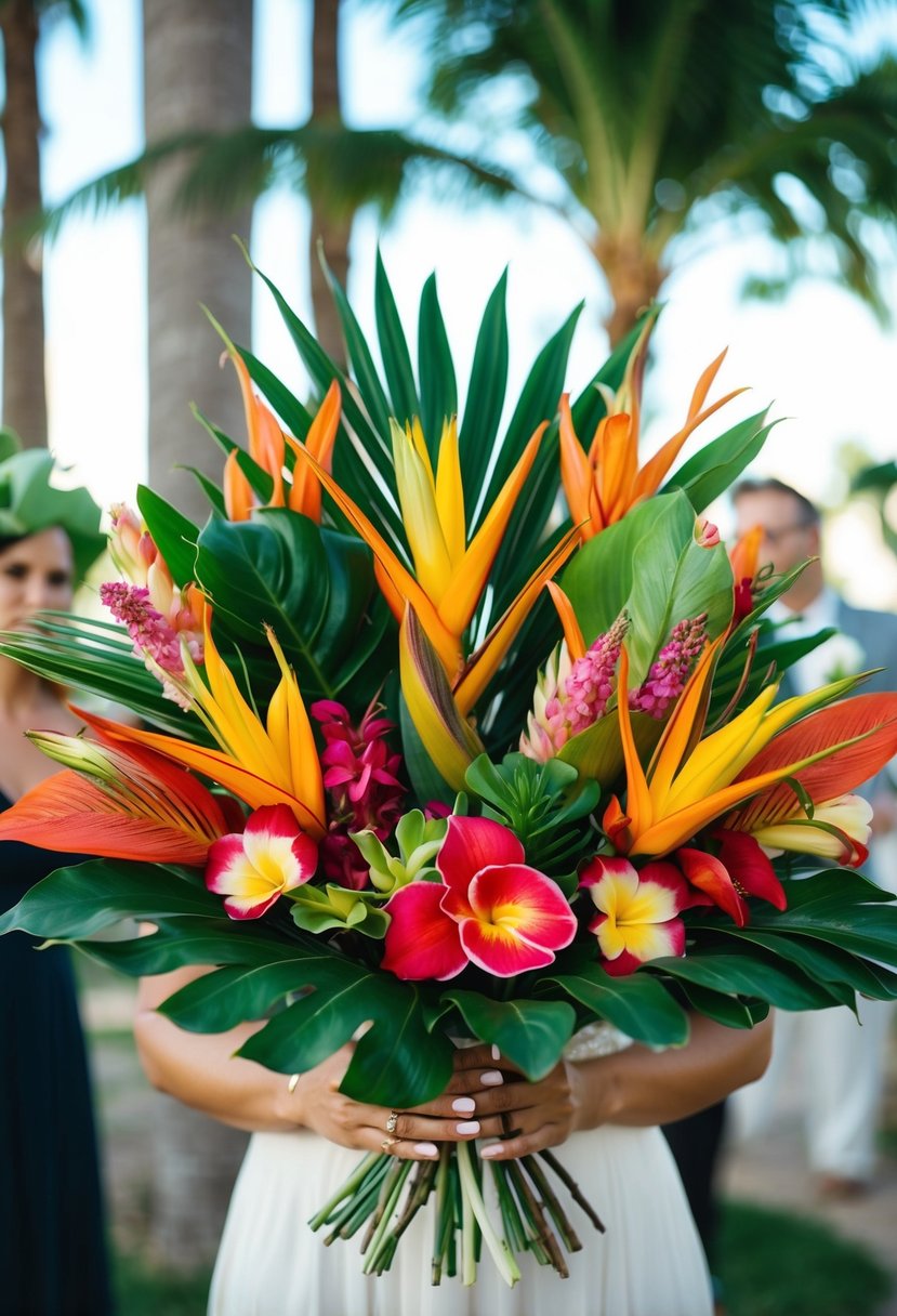 A vibrant mix of tropical flowers arranged in a modern, fresh wedding bouquet