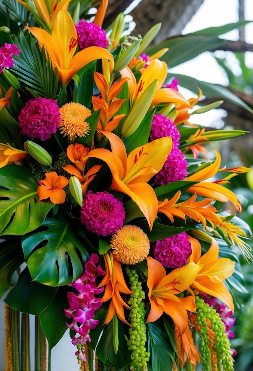 Vibrant, exotic flowers arranged in a lush, cascading bouquet. Rich colors and varied textures evoke a tropical paradise