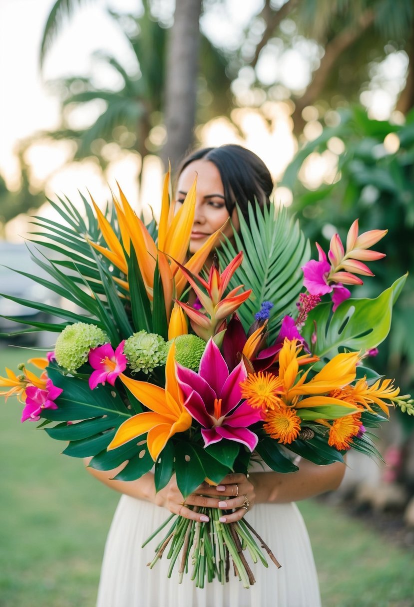 A vibrant mix of tropical flowers arranged in a bohemian-style wedding bouquet, featuring bold colors and exotic blooms