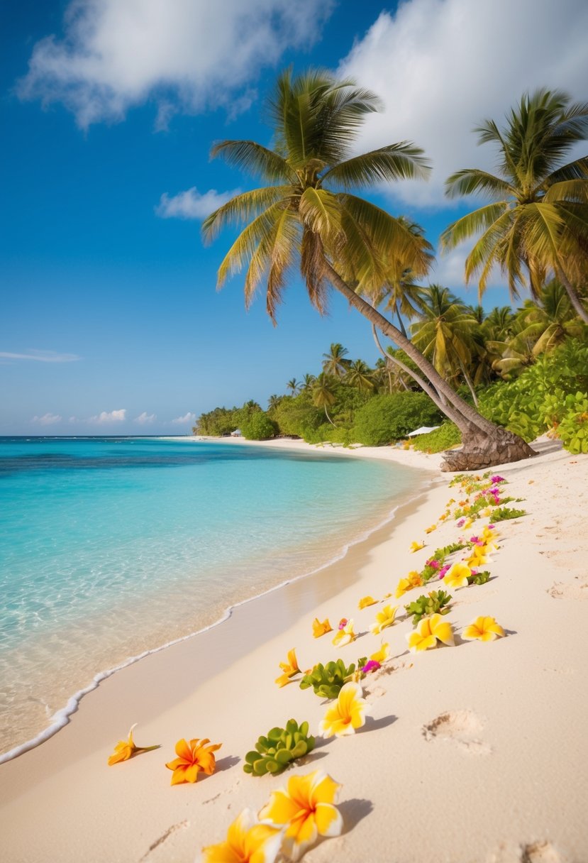 A sandy beach with crystal-clear water and vibrant tropical flowers scattered across the shoreline, with palm trees swaying in the gentle ocean breeze