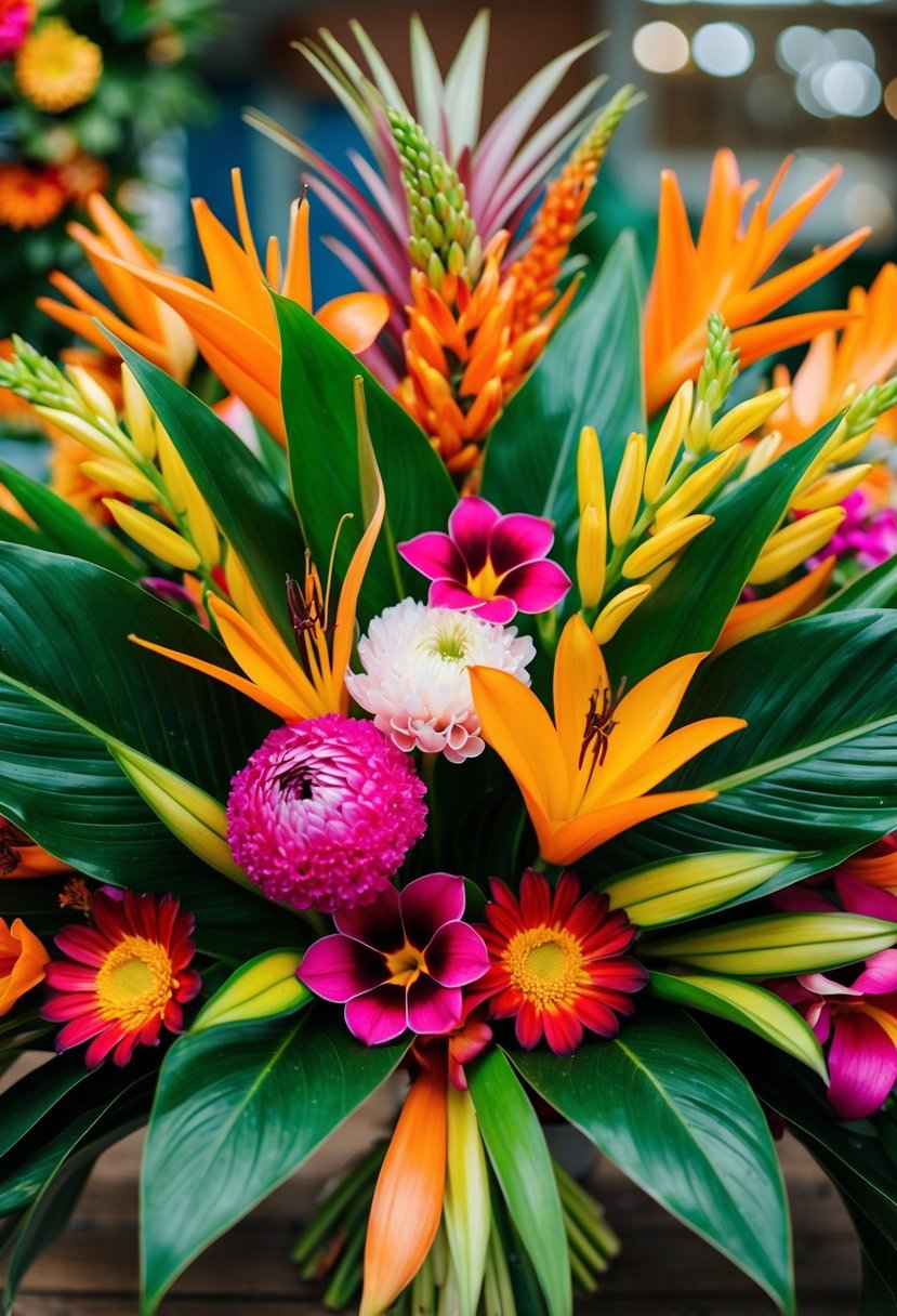 A colorful array of tropical flowers arranged in a vibrant, Pinterest-worthy bouquet