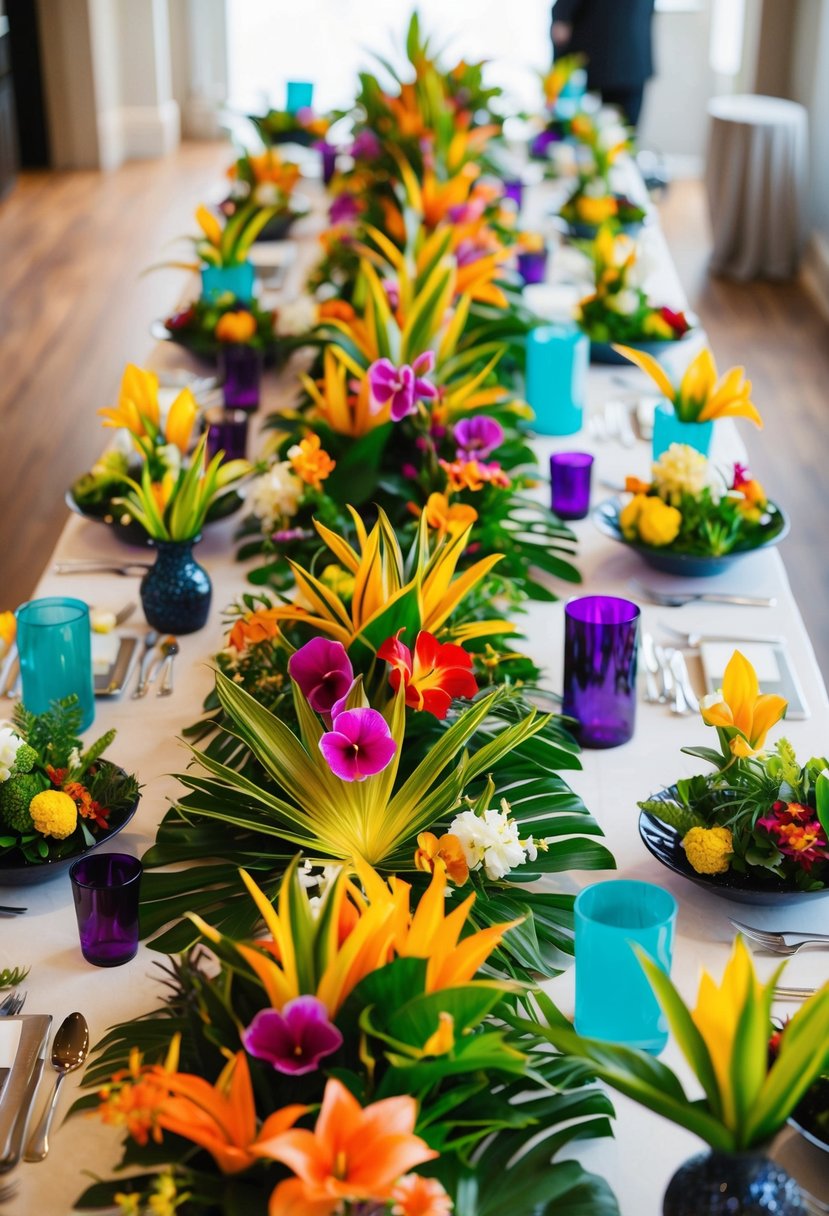 A table covered in vibrant tropical flowers, greenery, and assorted vases and containers for a DIY bulk wedding flower arrangement