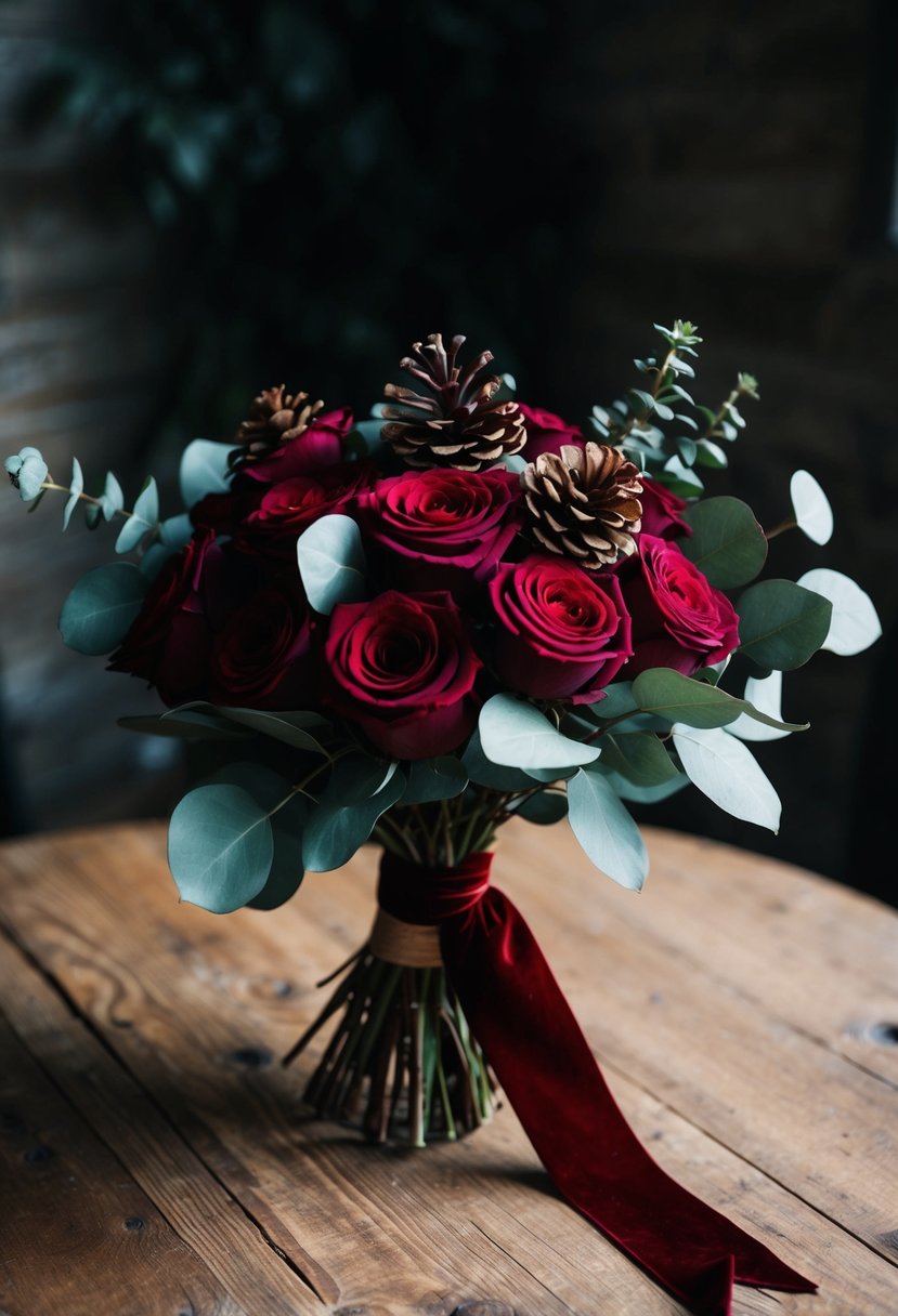 A rustic bouquet of deep red roses, eucalyptus, and pinecones, tied with a velvet ribbon, sits on a wooden table