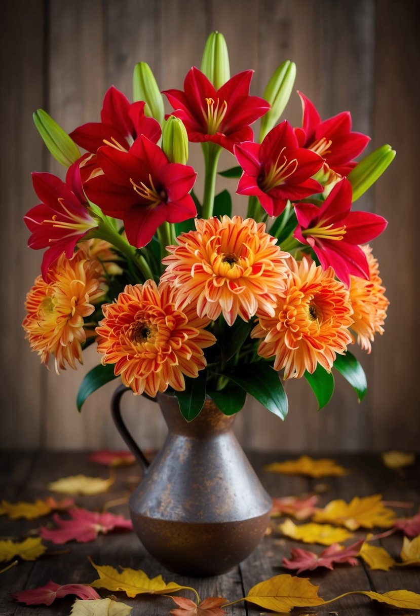 A vibrant bouquet of red Amaryllis and golden Chrysanthemums arranged in a rustic vase, with scattered fallen leaves around it