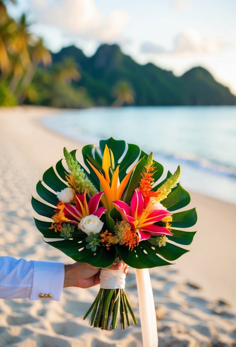 A beach setting with vibrant tropical flowers arranged in a stylish wedding bouquet