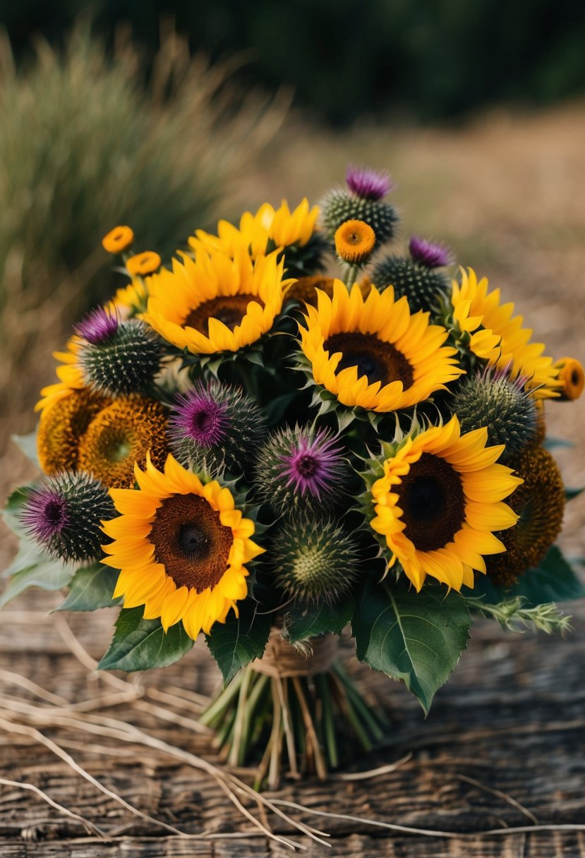 A rustic bouquet of sunflowers and thistles arranged in a wild, organic style, with warm tones and natural elements