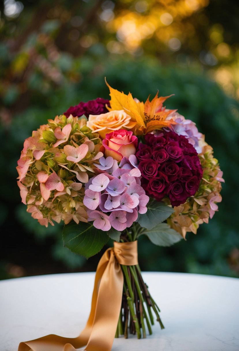 A vintage-inspired bouquet with hydrangeas and roses in rich autumnal hues, tied with a satin ribbon