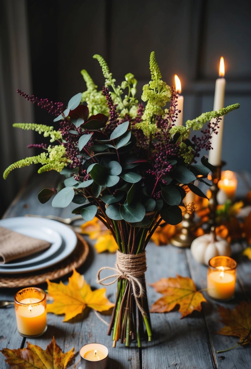 A rustic bouquet of Privet and Amaranthus, tied with twine, sits on a weathered wooden table, surrounded by autumn leaves and candles