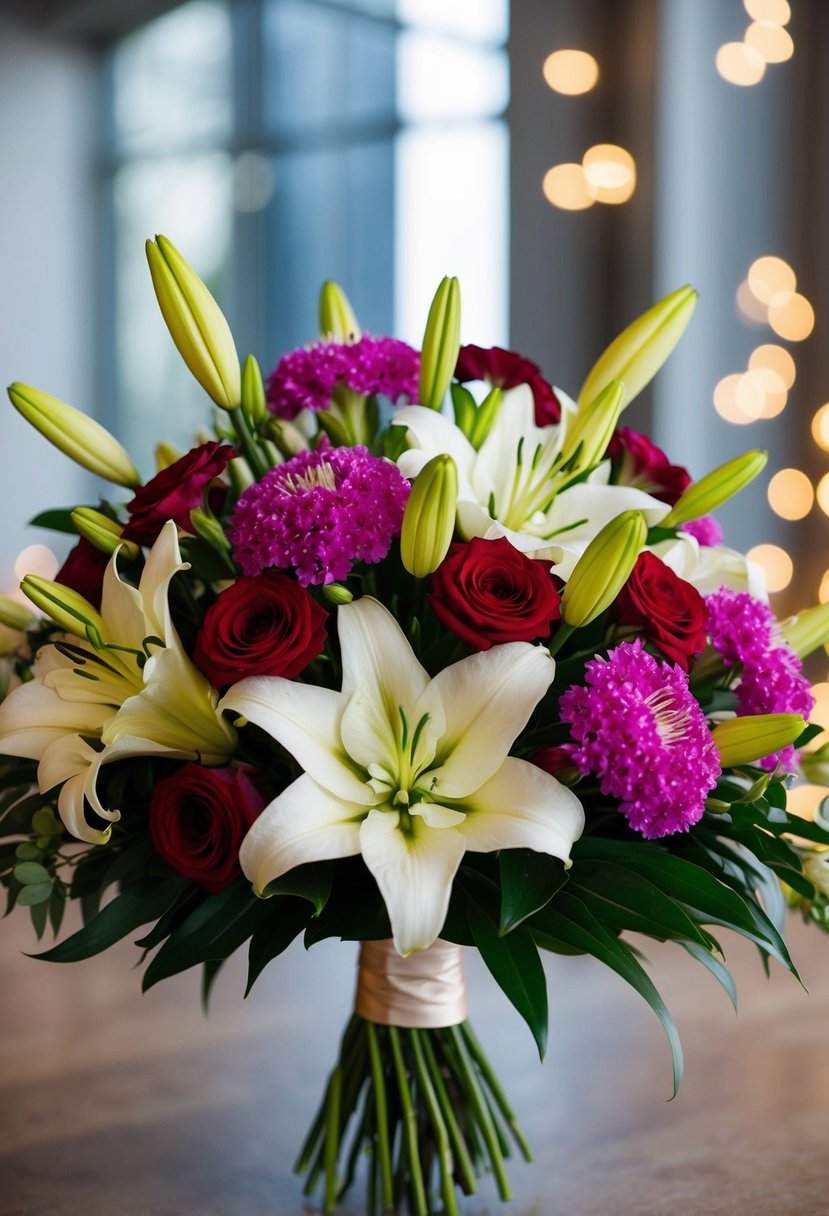 A bouquet of lisianthus and lilies arranged in a romantic design for a November wedding