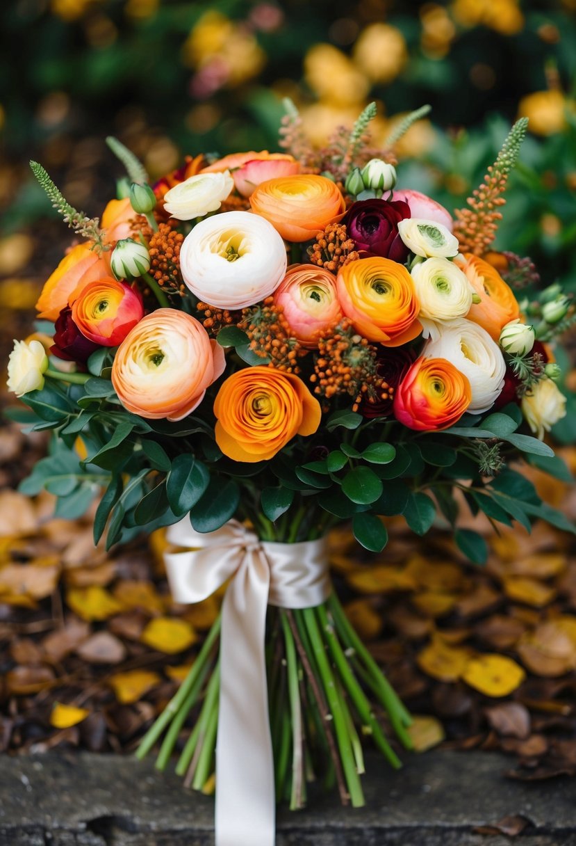 A lush bouquet of ranunculus and spray roses in warm autumn colors, tied with a satin ribbon