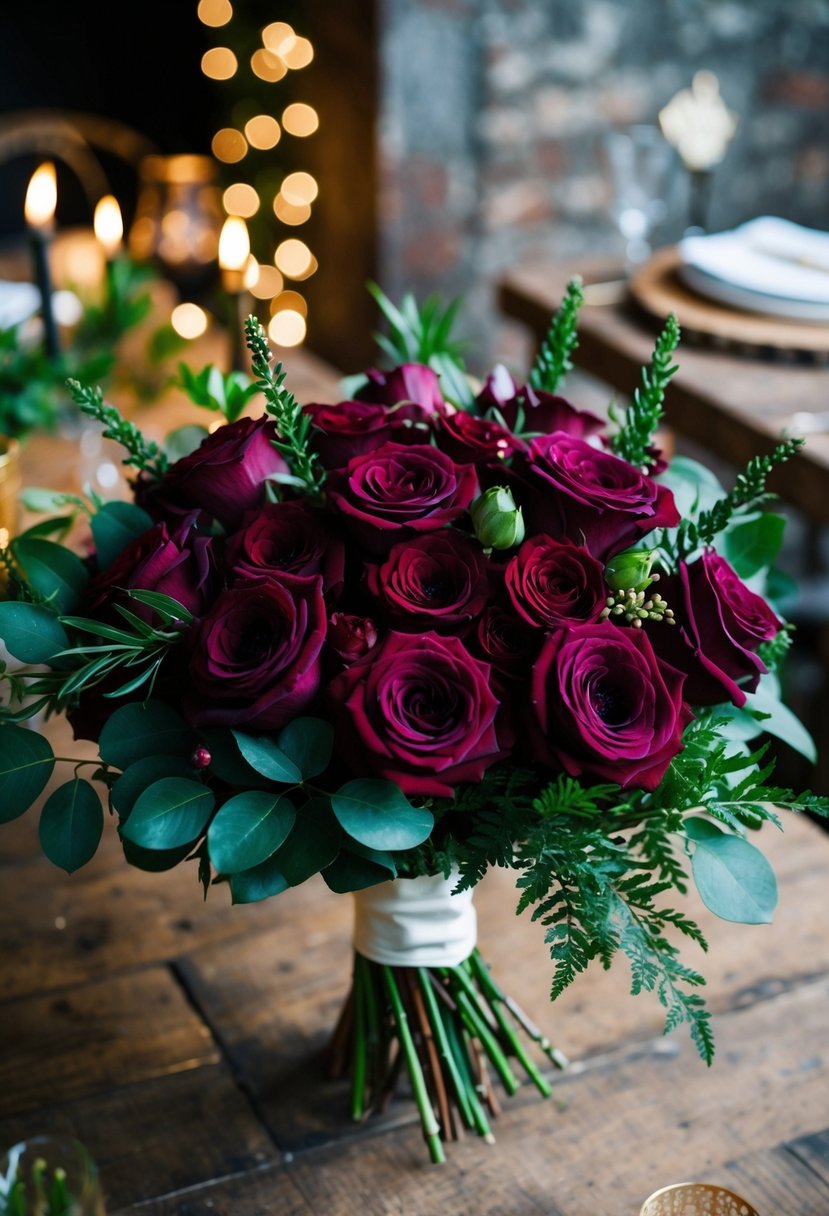 A lush bouquet of deep burgundy roses and greenery, arranged in a rustic, November wedding setting