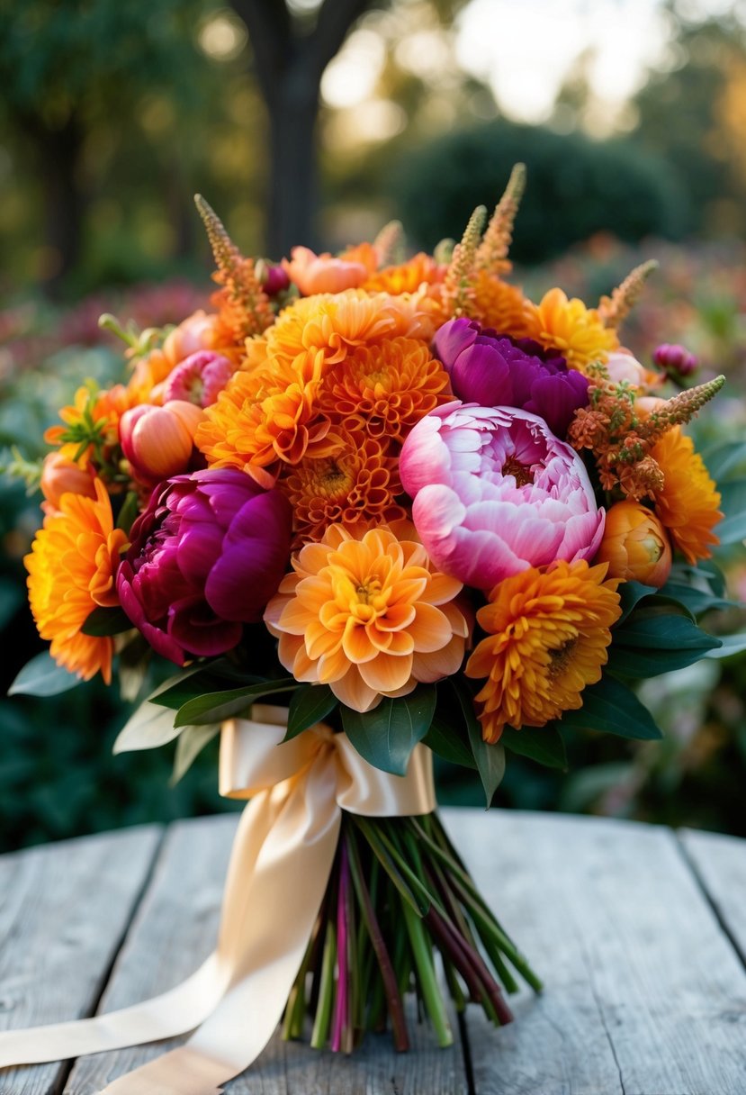 A lush bouquet of peonies and dahlias in warm autumn hues, tied with satin ribbon