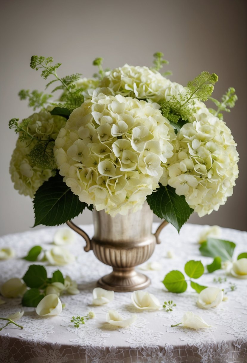 A lush hydrangea wedding bouquet in a vintage vase on a lace tablecloth, surrounded by scattered petals and delicate greenery