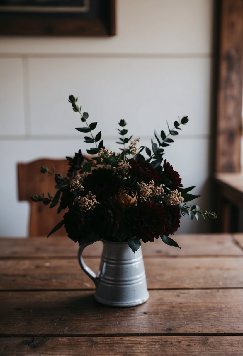 A small dark bouquet of rustic November flowers sits on a wooden table in a Western setting