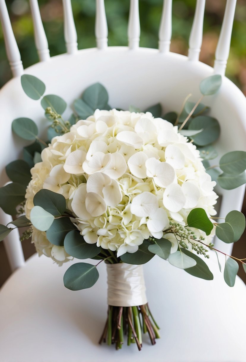 A white hydrangea and eucalyptus wedding bouquet arranged in an elegant and graceful composition