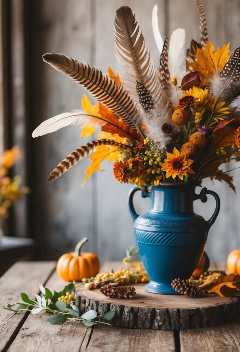 A rustic wooden table adorned with autumn foliage, feathers, and wildflowers in a vintage vase