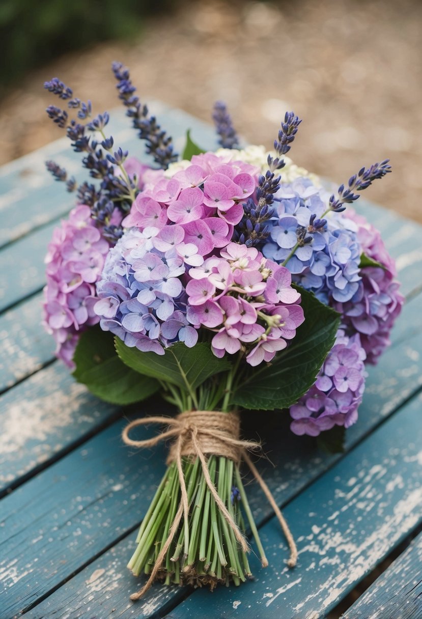 A rustic bouquet of hydrangeas and lavender, tied with twine, sits on a weathered wooden table