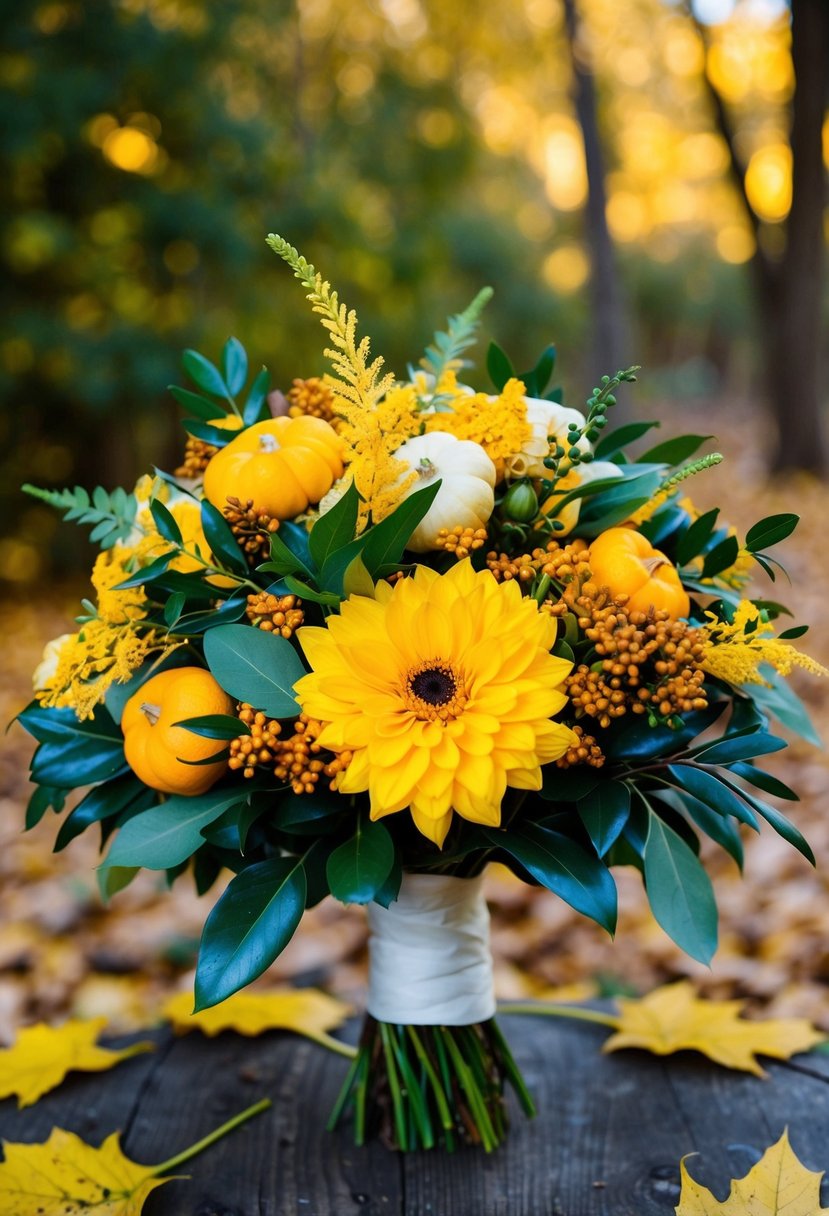 A golden yellow fall bouquet with lush foliage and seasonal flowers arranged for a November wedding