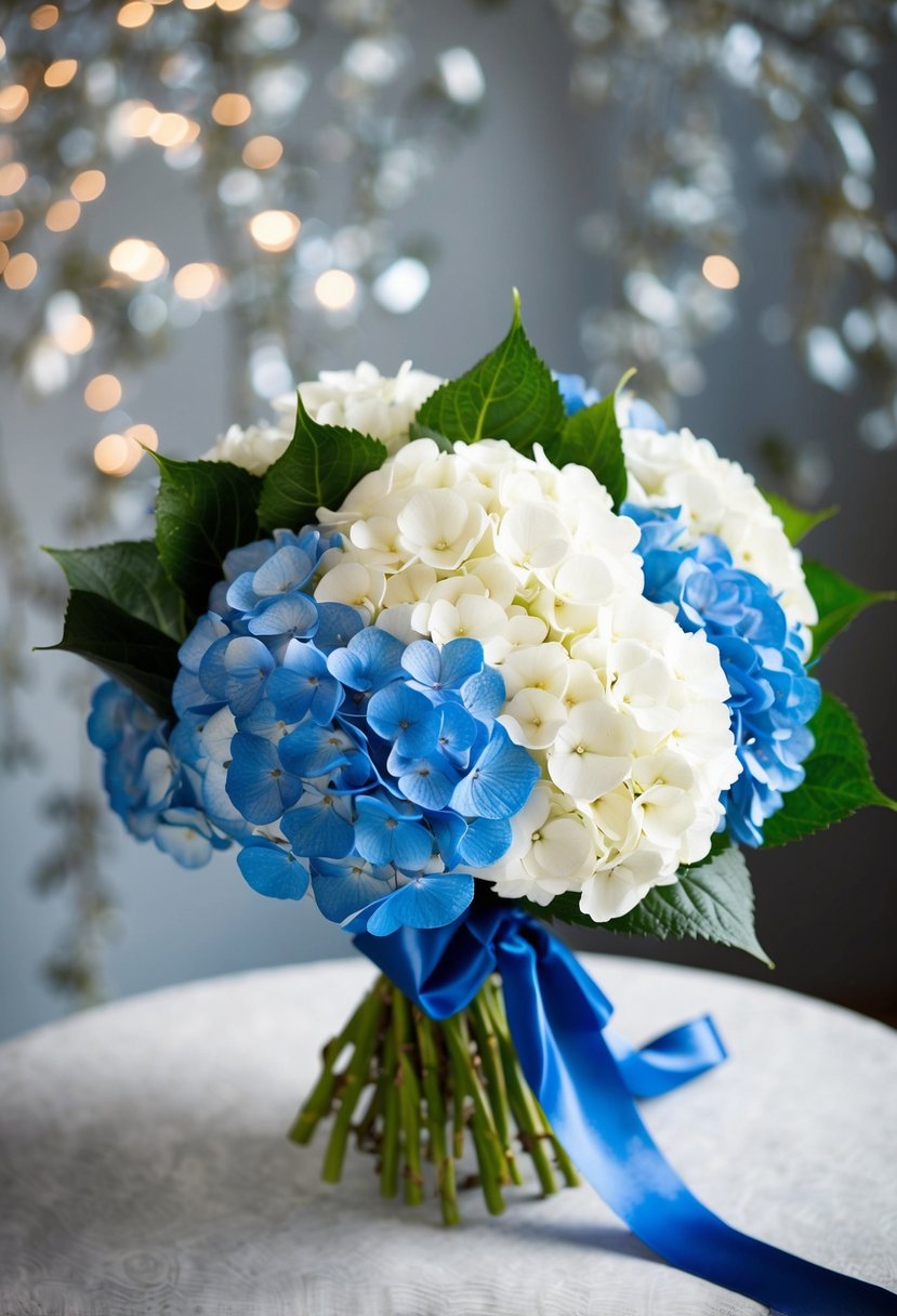 A lush bouquet of blue and white hydrangeas tied with a satin ribbon