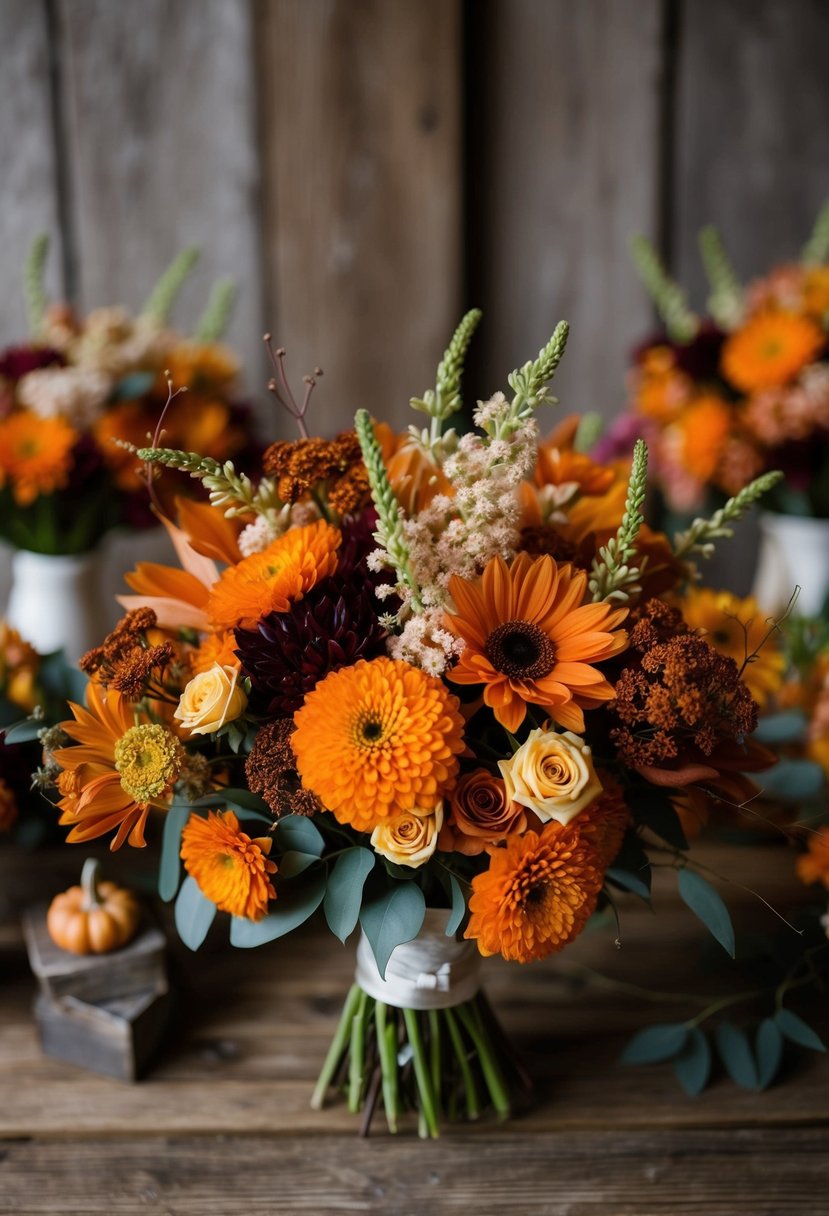 A bouquet of burnt orange charm flowers mixed with Campanula, arranged in a rustic, autumn-inspired wedding setting