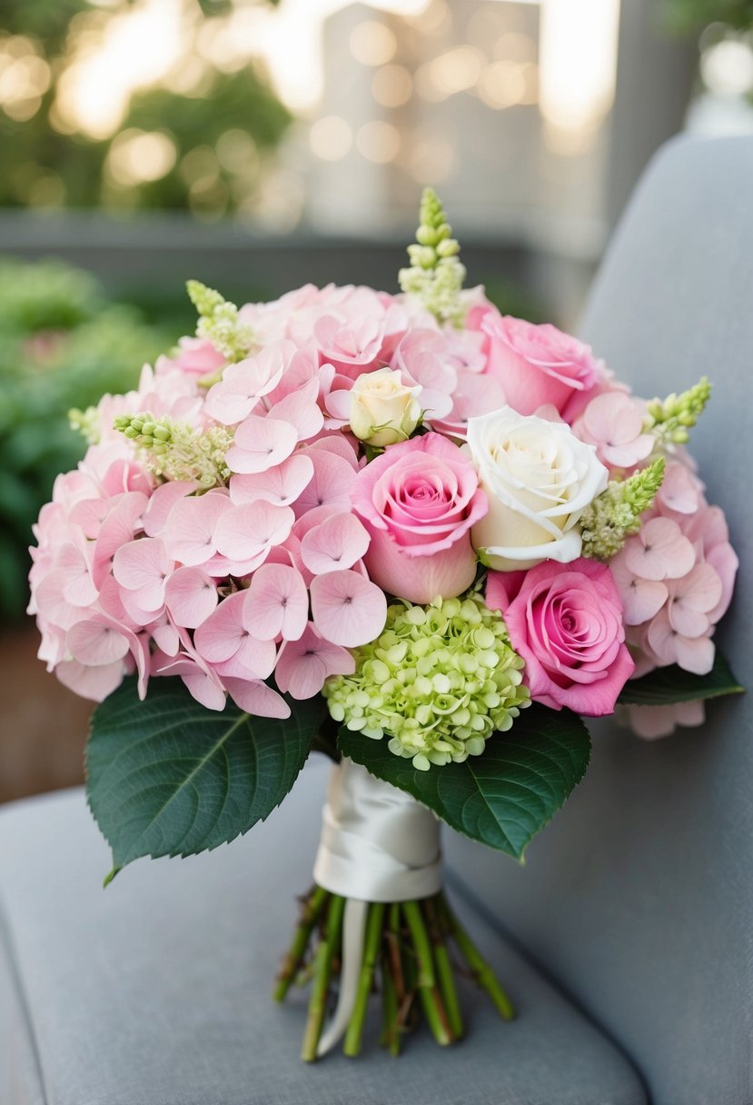 A bouquet of pink hydrangeas and roses arranged in a romantic wedding bouquet