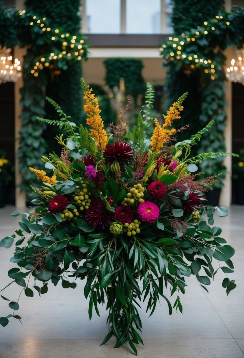 A lush bouquet of deep green foliage and vibrant November flowers, arranged in an elegant, cascading design