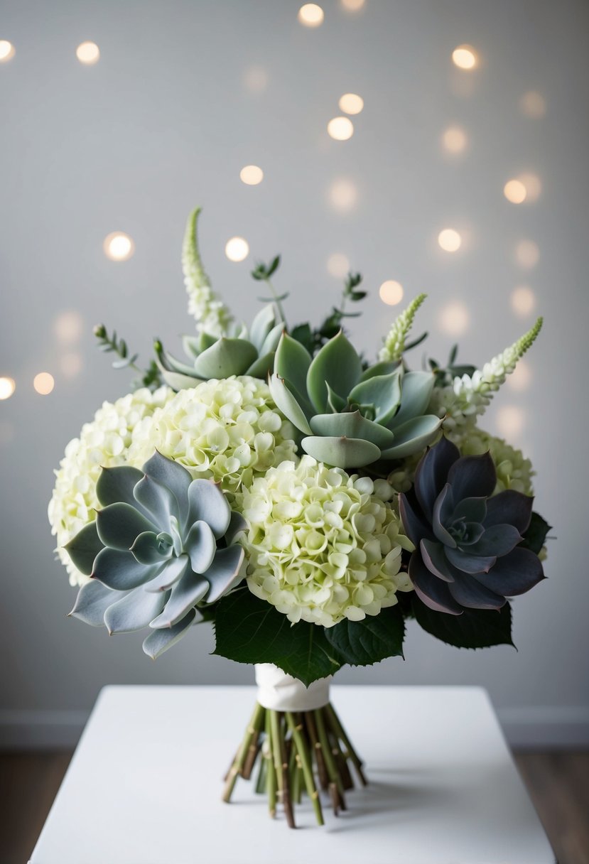 A modern bouquet featuring hydrangeas and succulents in a sleek, minimalist arrangement