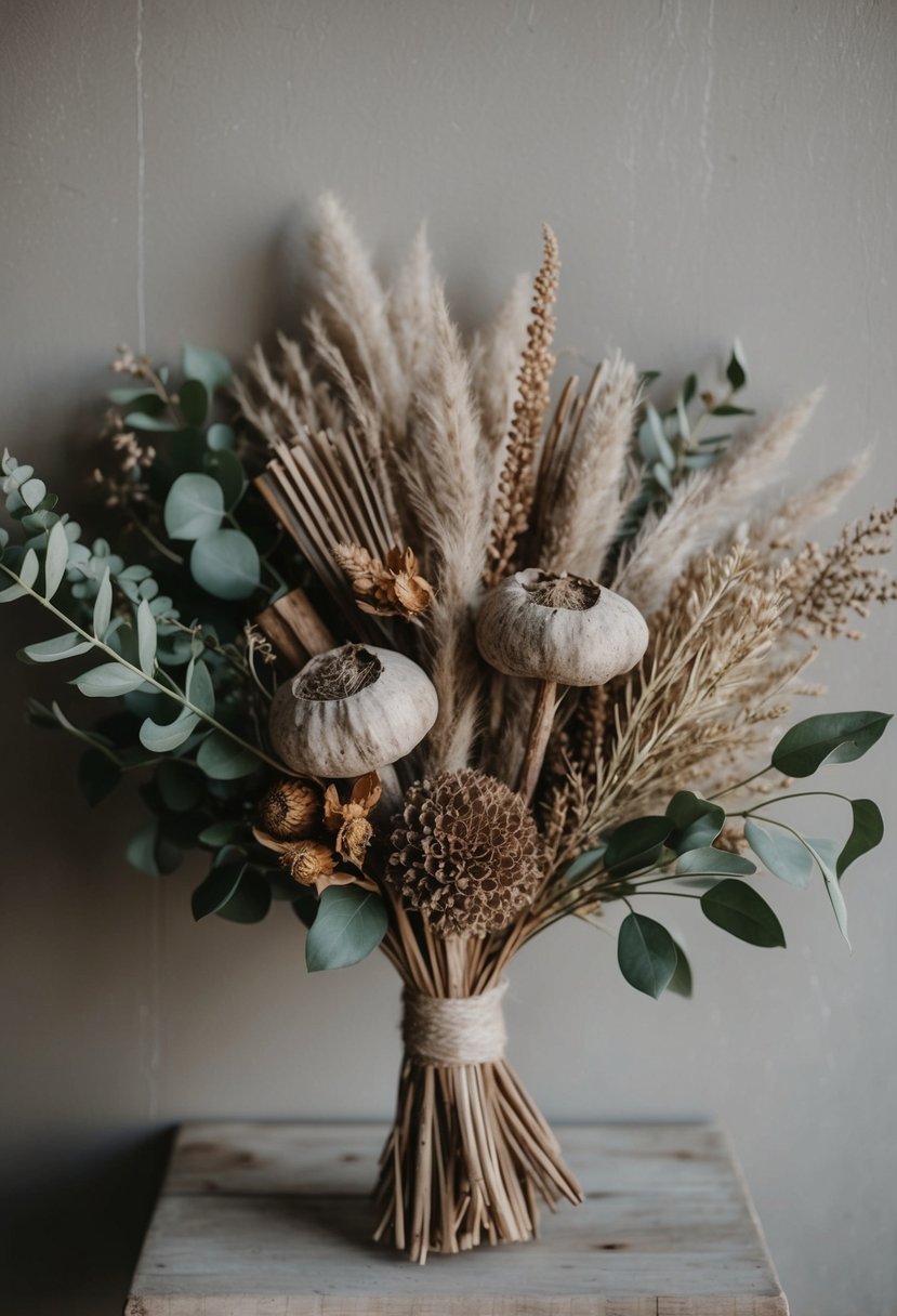 A rustic, neutral-toned bouquet of sweet root, dried flowers, and foliage arranged in a loose, organic style