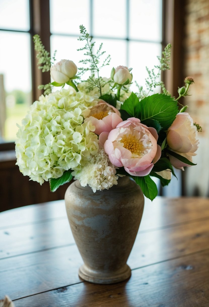 A vintage wedding bouquet with hydrangeas and peonies in a rustic vase