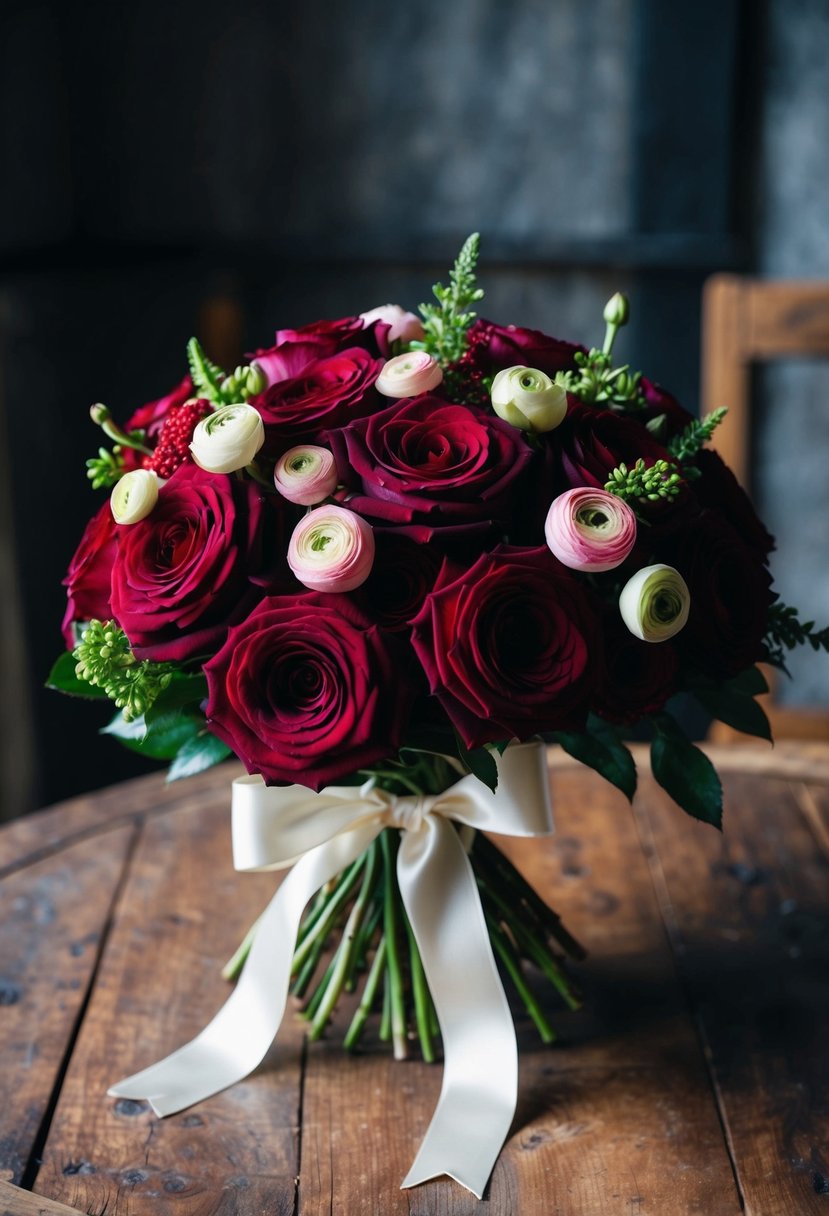 A lush bouquet of deep red roses and delicate ranunculus, tied with a satin ribbon, sits on a rustic wooden table