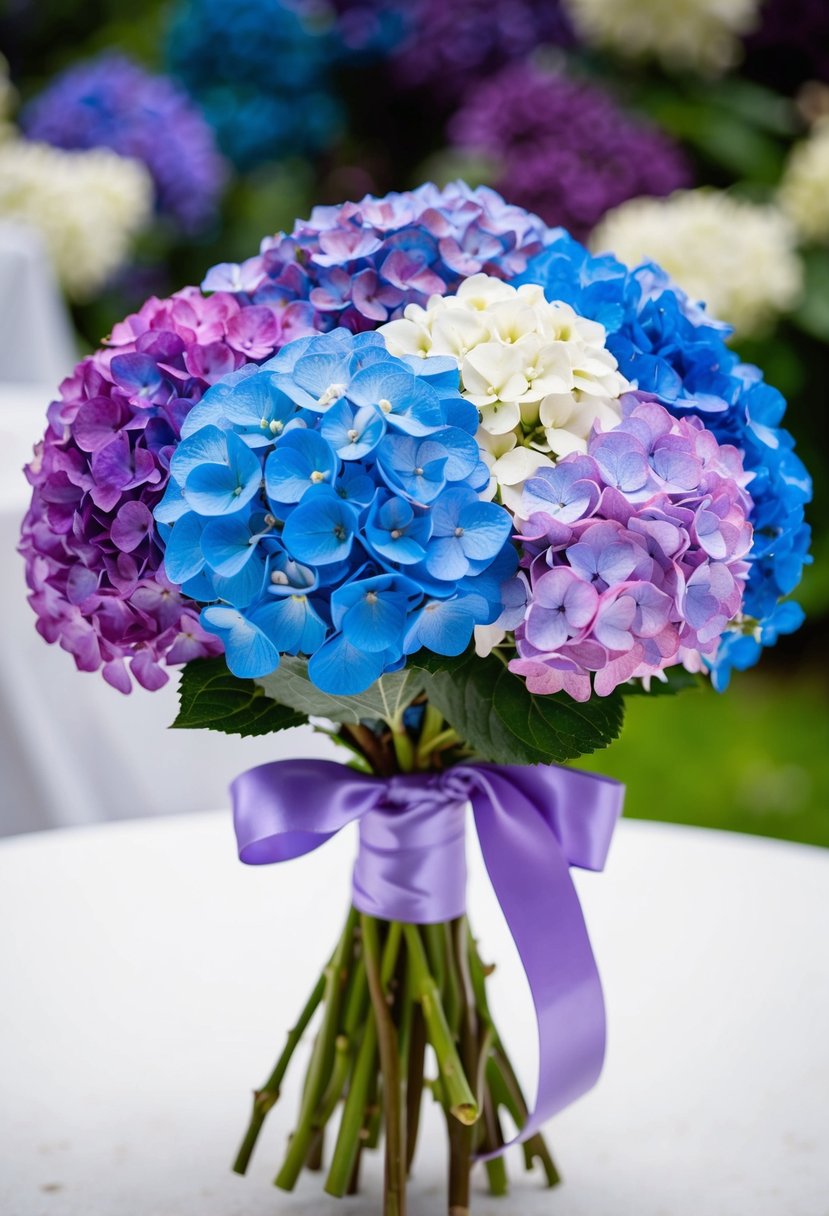 A small, tightly packed bouquet of hydrangeas in various shades of blue, purple, and white, tied with a satin ribbon