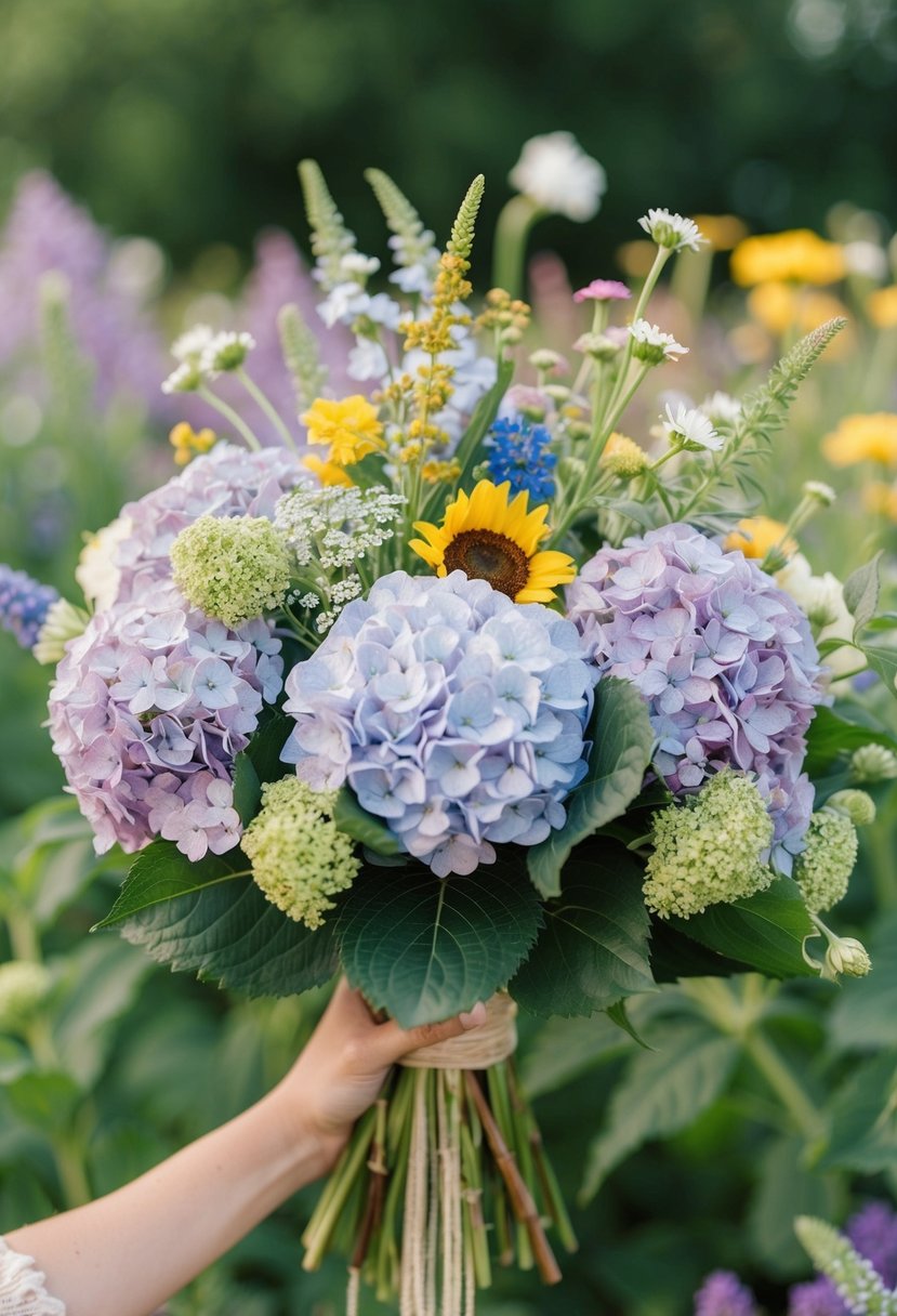 A lush bouquet of hydrangeas and wildflowers in a boho chic style