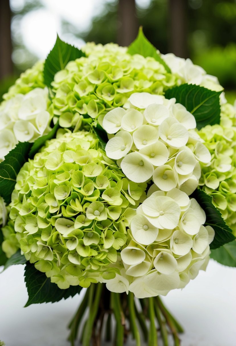 Lush green hydrangea blooms arranged in an elegant wedding bouquet