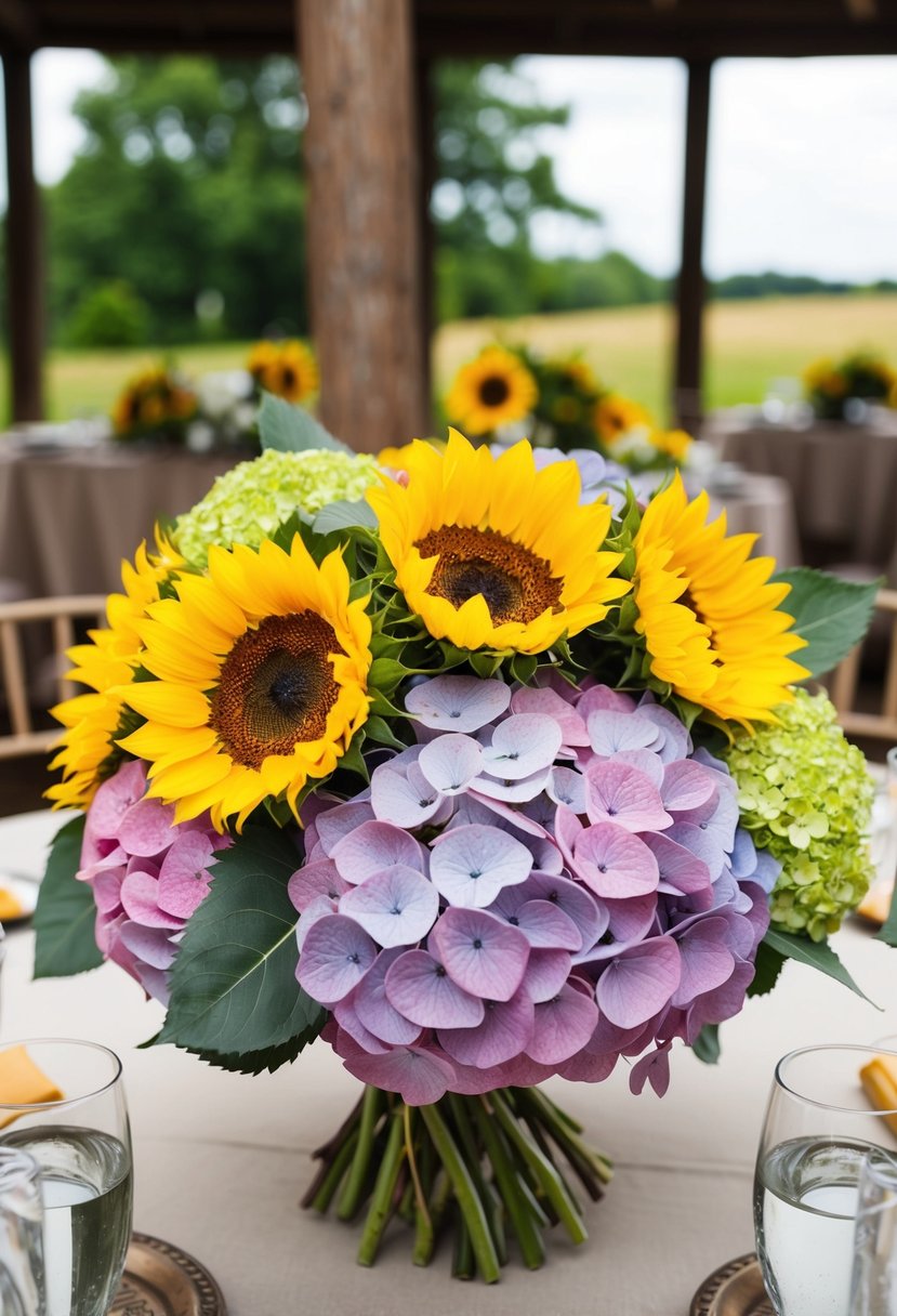 A lush bouquet of vibrant hydrangeas and sunflowers arranged in a rustic, elegant wedding setting