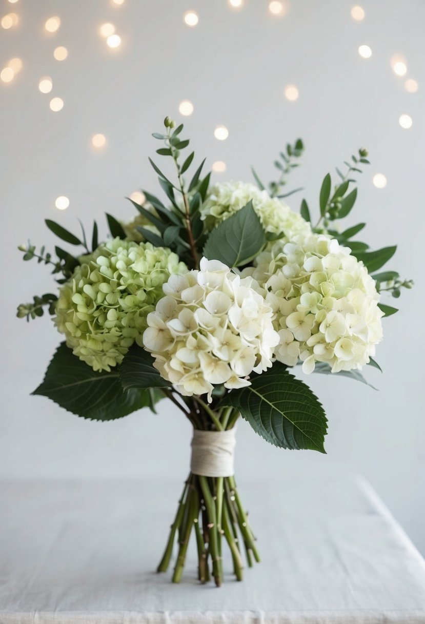 A simple hydrangea bouquet with greenery, arranged in a minimalist style