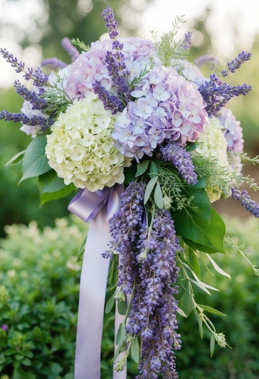 A cascading bouquet of lavender and hydrangeas, with delicate greenery, tied with a satin ribbon