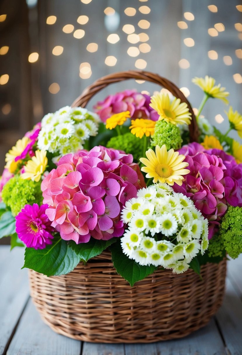 A vibrant hydrangea and daisy bouquet, bursting with color and charm, nestled in a rustic wicker basket