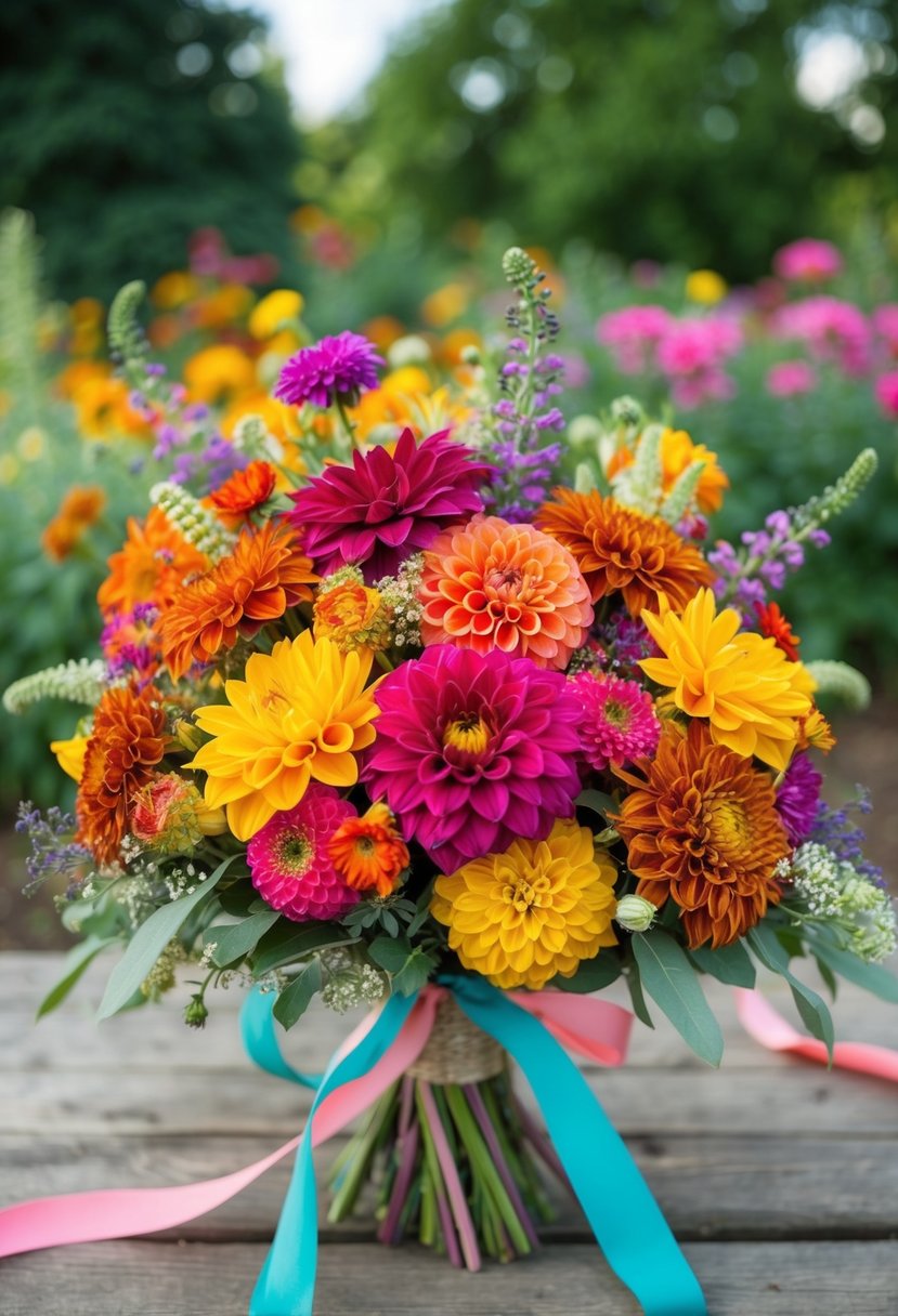 A vibrant bouquet of zinnias, dahlias, and wildflowers arranged in a rustic, hand-tied style with flowing ribbons