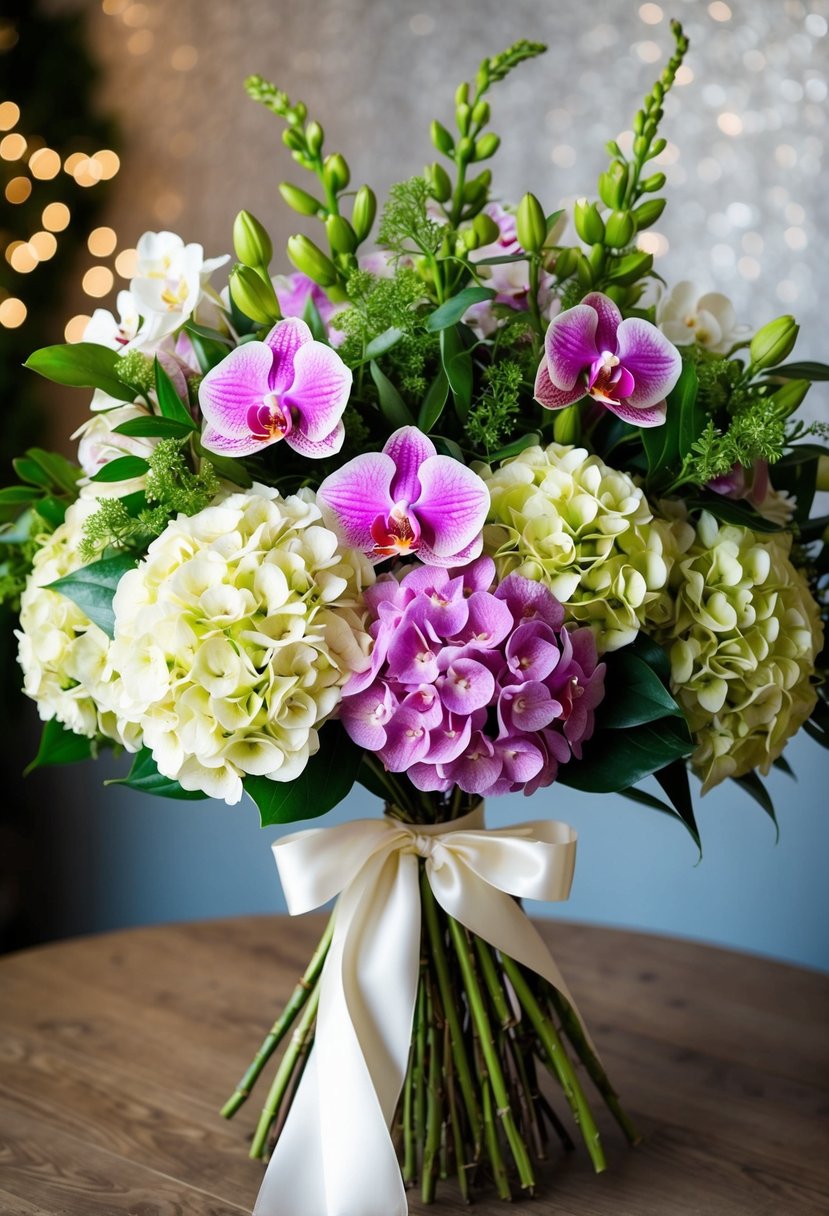 A lavish bouquet of hydrangeas and orchids, with lush greenery, tied with a satin ribbon