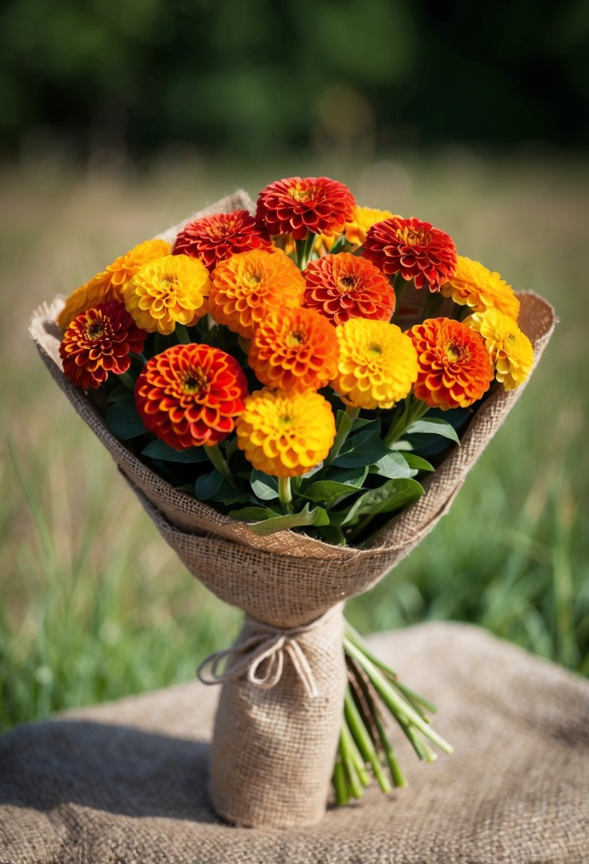 A rustic bouquet of zinnias wrapped in burlap, set against a natural background