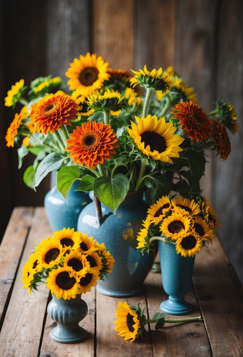 A rustic wooden table adorned with a wild arrangement of zinnias and sunflowers in vintage vases