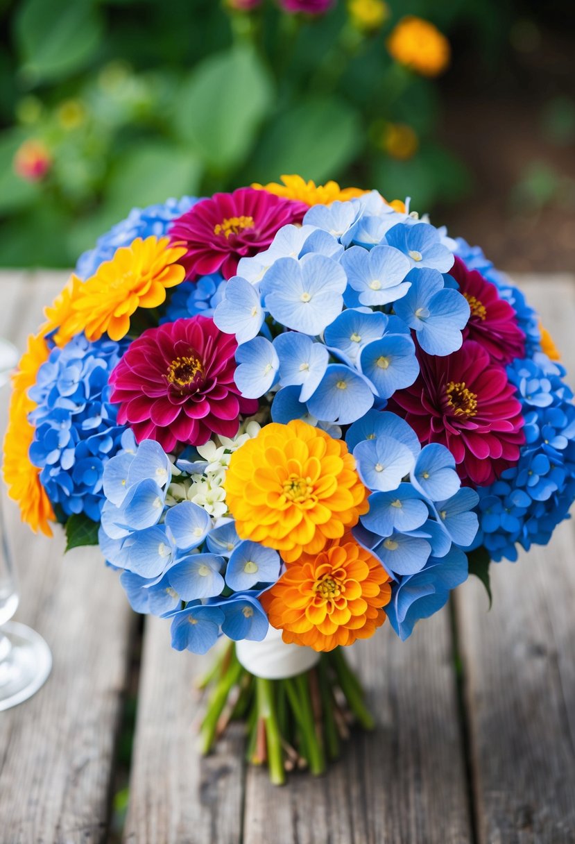 Vibrant zinnias and blue hydrangeas arranged in a wedding bouquet