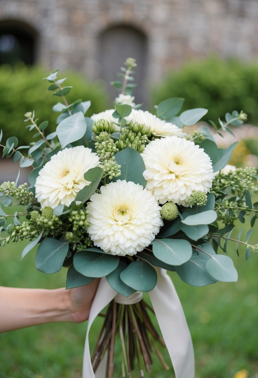 A bouquet of white zinnias and green eucalyptus, arranged in a rustic, hand-tied style with flowing ribbons